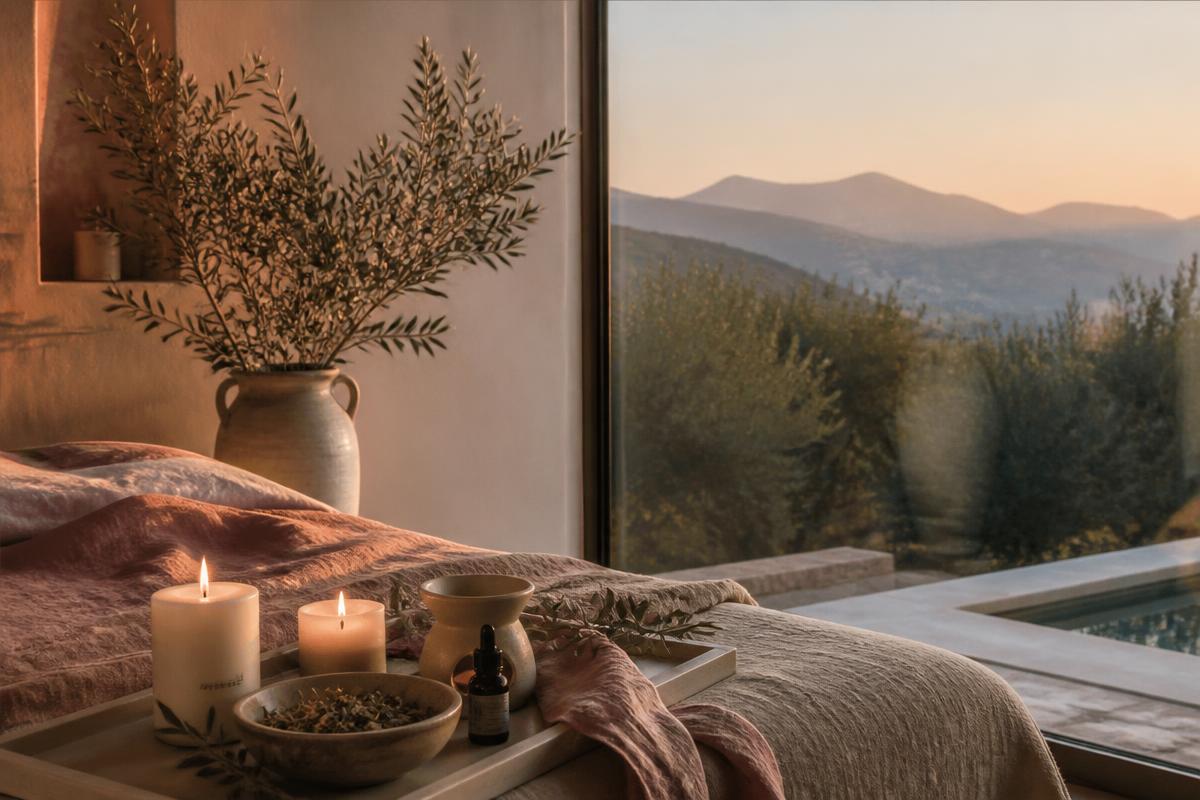 Calm wellbeing retreat scene with candles, linen, and mountain view